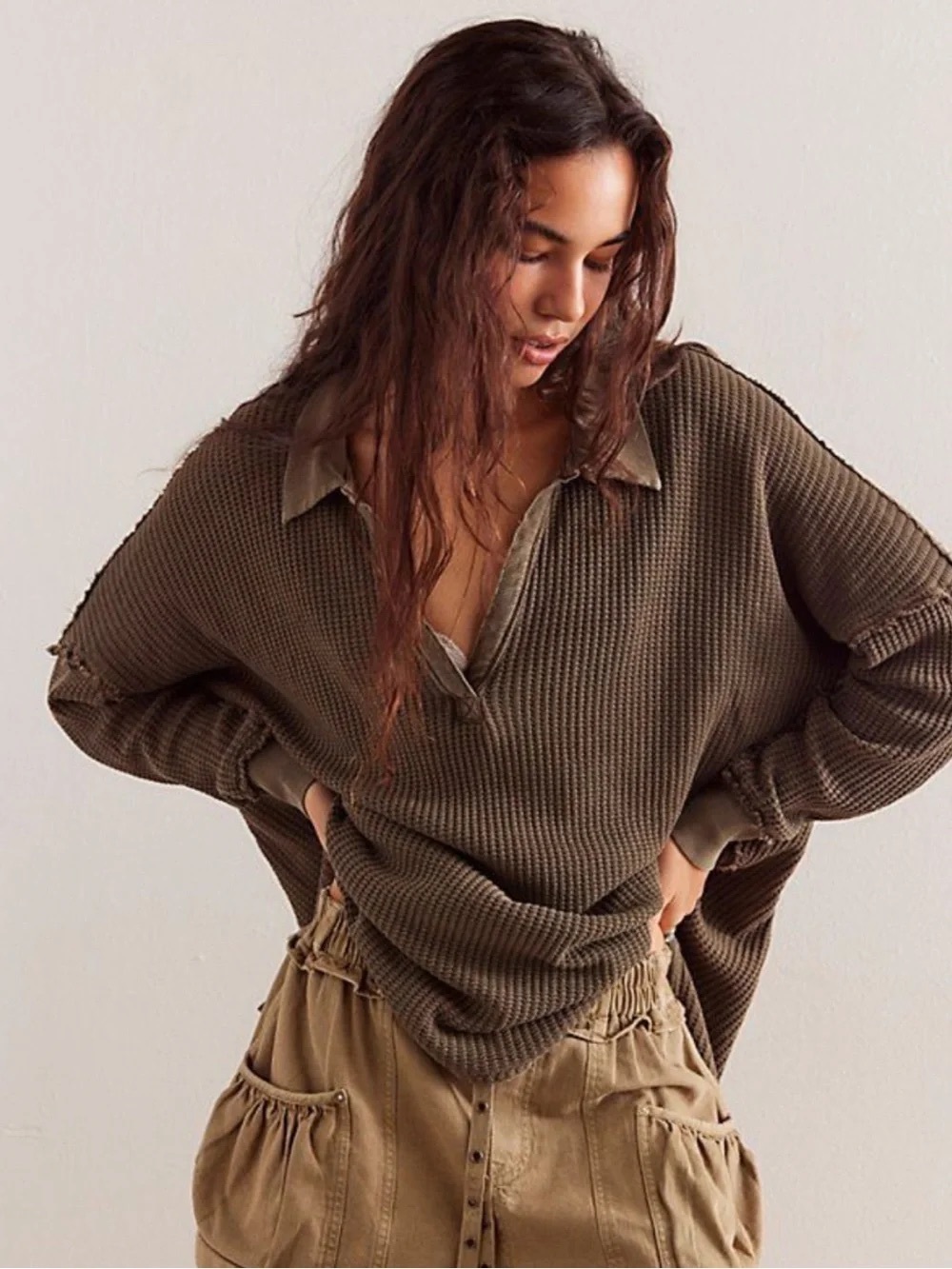 Free People Travis Waffle Polo Tunic Oversized Olive Green Medium We The Free